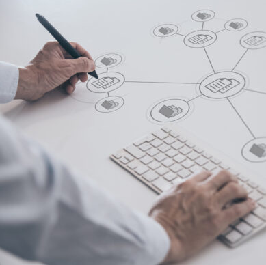 Businessman manage documents directory on virtual display. Business setup document management system