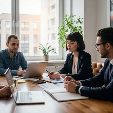 Three business professionals engage in a meeting around a wooden table, reviewing documents and using laptops in a naturally lit workspace.